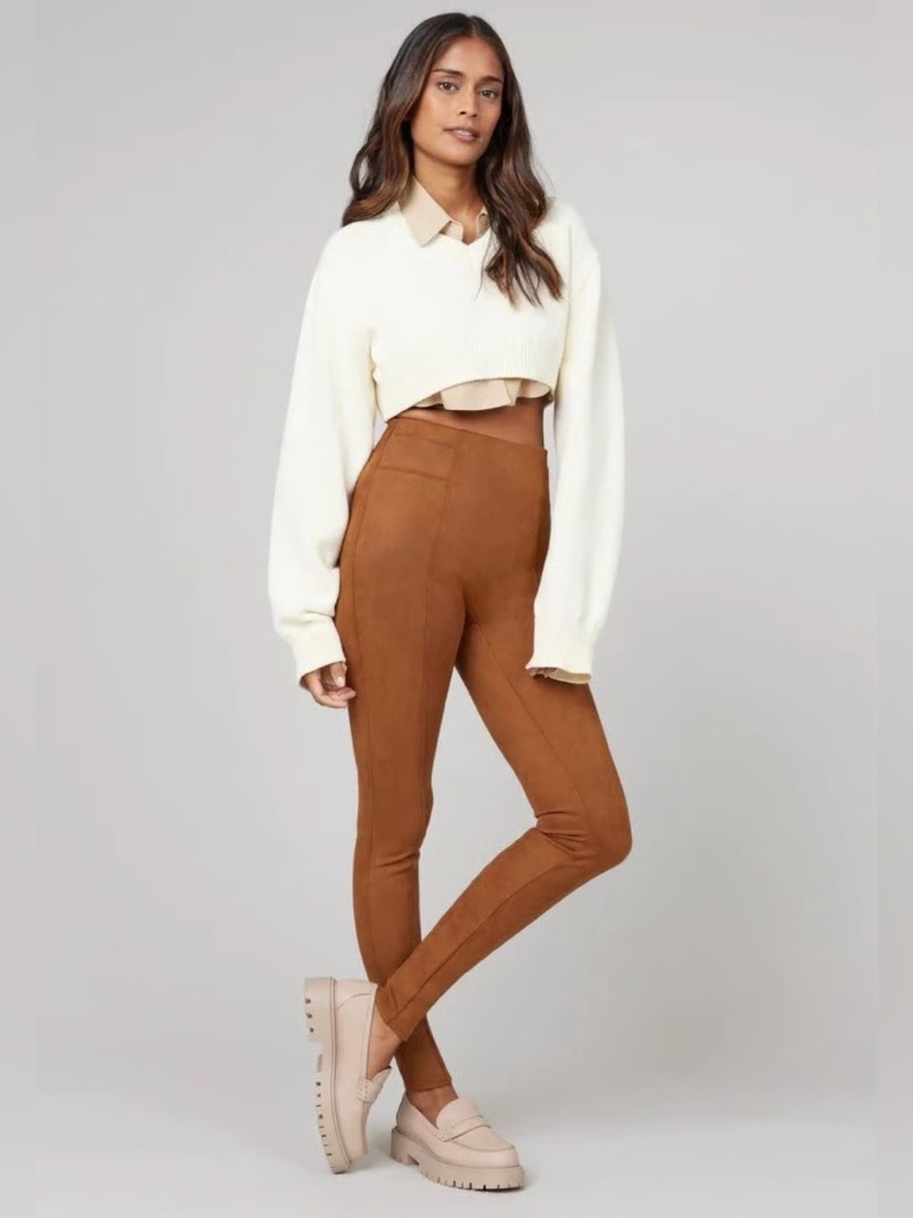 Spanx Faux Suede Leggings Rich Caramel Tan NWT Slimming Control Boho Sz Large